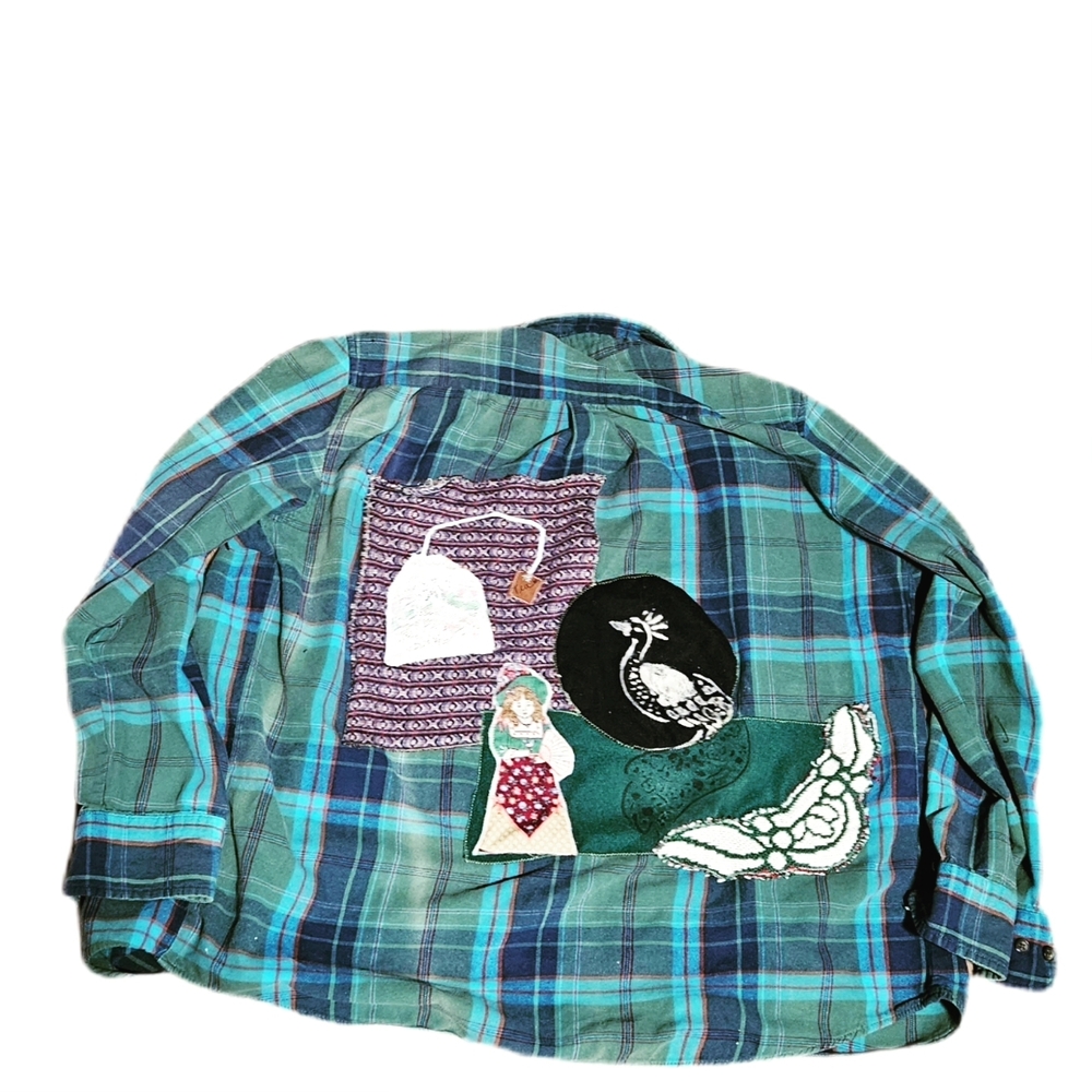Upcycled St. John's Bay Green&Blue Flannel Button Down Shirt w/collage Patchwork